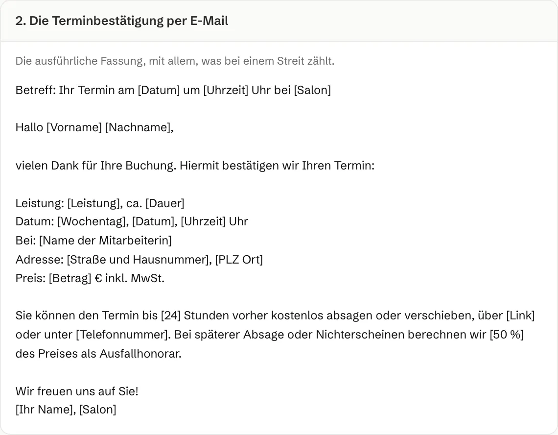 Vorlage für eine Terminbestätigung per E-Mail mit Leistung, Datum, Adresse, Preis, Stornofrist und Ausfallhonorar